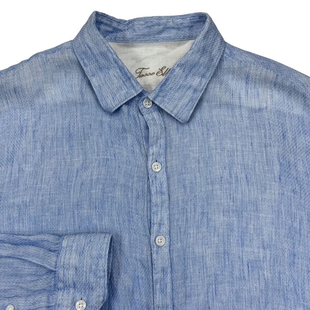 Tasso Elba Mens XL Blue 100% Linen Long Sleeve Button Up Shirt Slub Texture